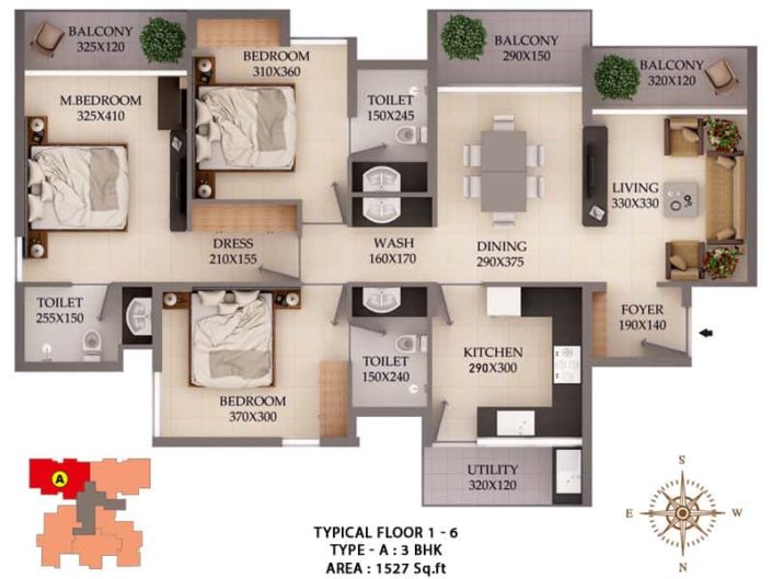 Type A 3 BHK Area 1527sq Ft