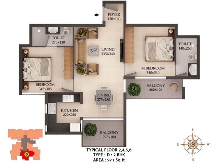 Type D 2 BHK Area 971sq Ft